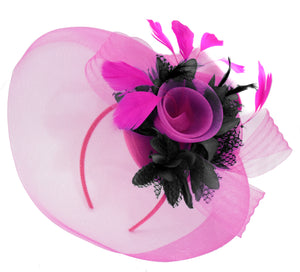 Caprilite Fuchsia Hot Pink and Black Fascinator Hat Veil Net Hair Clip Ascot Derby Races Wedding Headband Feather Flower