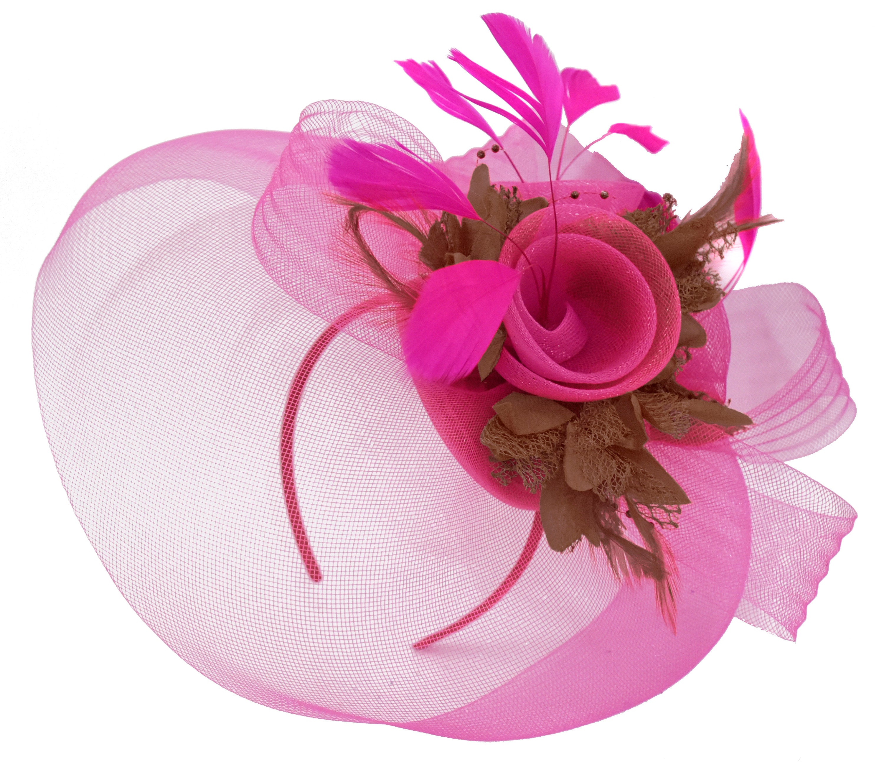 Caprilite Fuchsia Hot Pink and Brown Fascinator Hat Veil Net Hair Clip Ascot Derby Races Wedding Headband Feather Flower