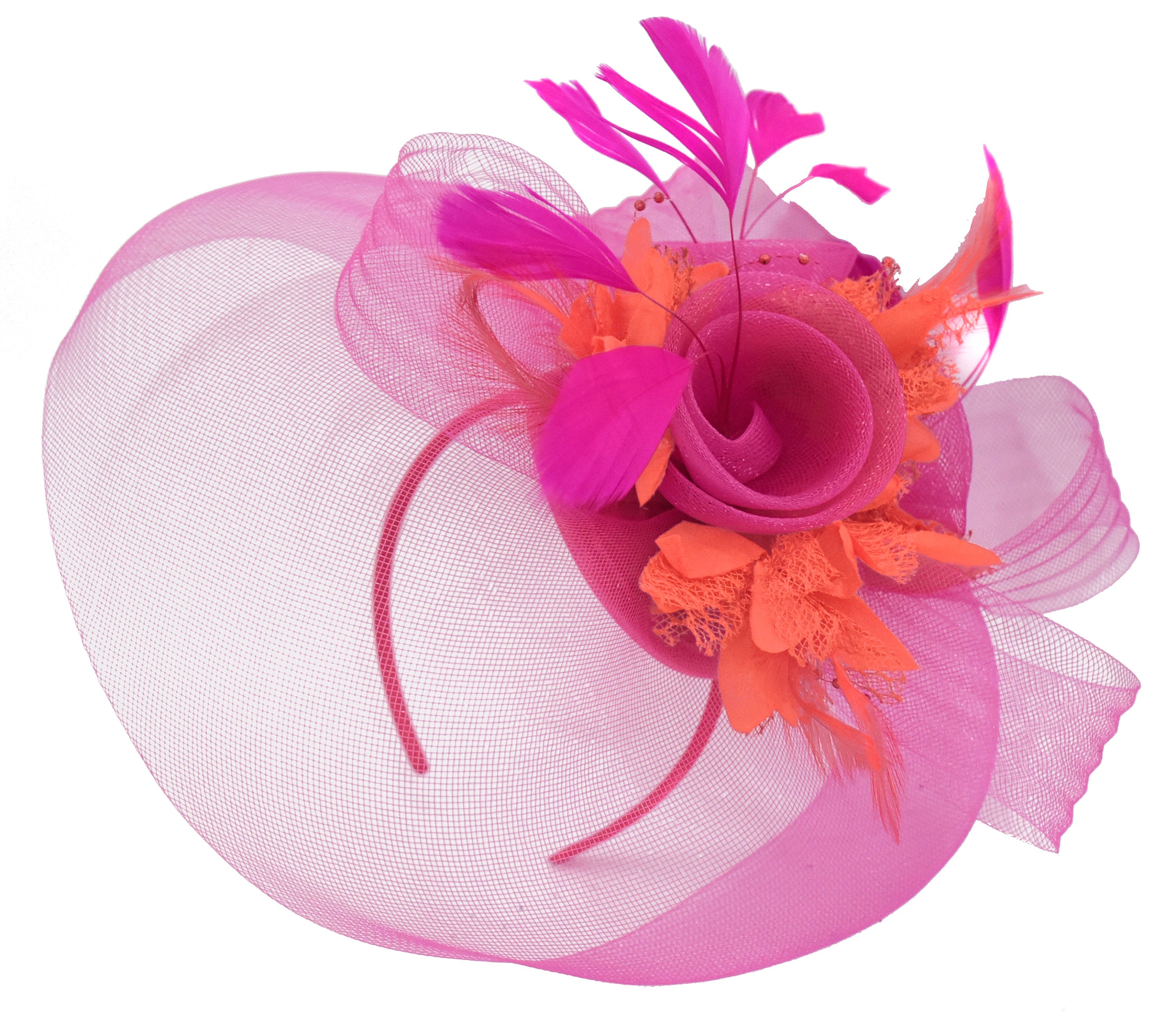 Caprilite Fuchsia Hot Pink and Coral Fascinator Hat Veil Net Hair Clip Ascot Derby Races Wedding Headband Feather Flower