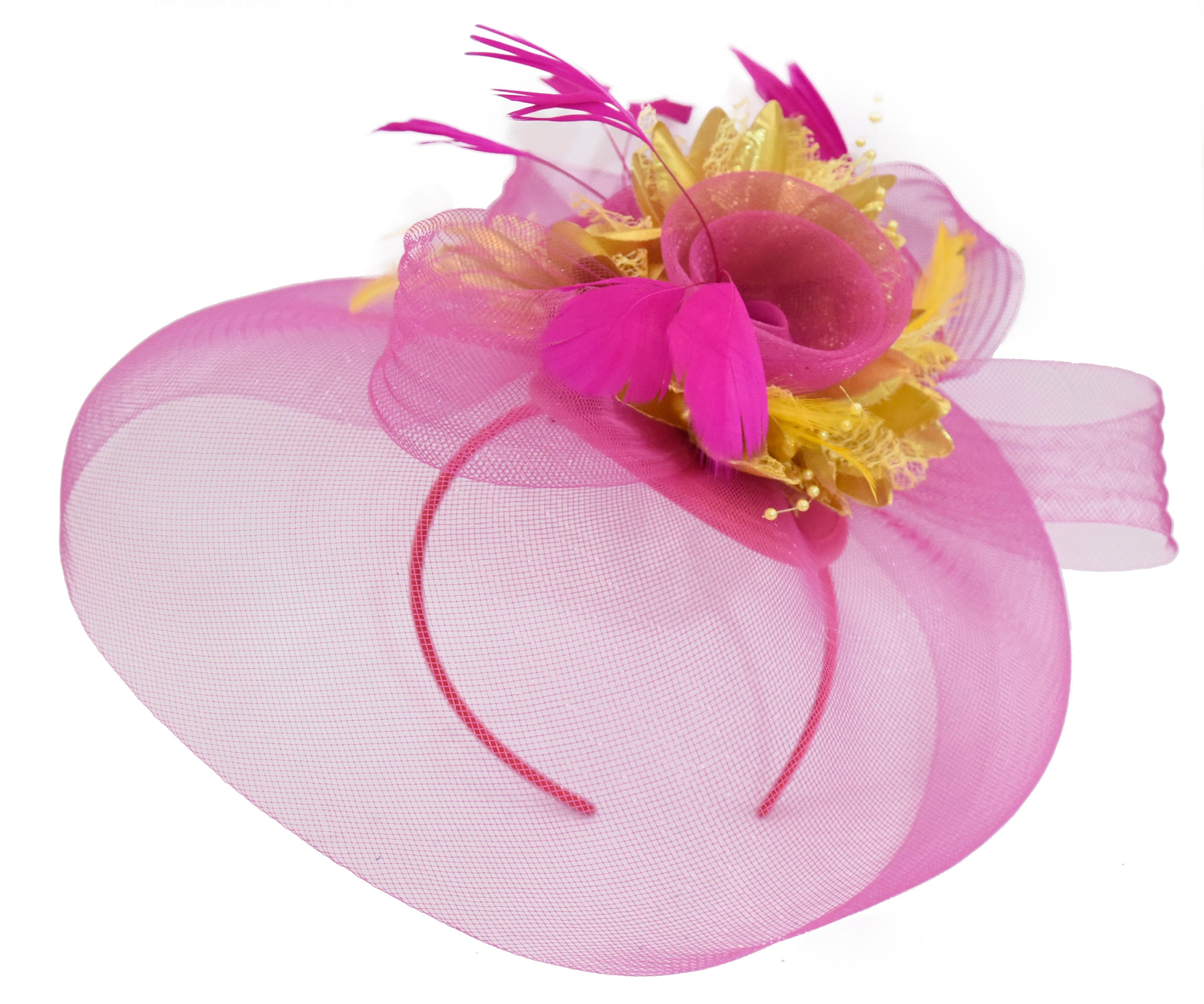 Caprilite Fuchsia Hot Pink and Gold Fascinator Hat Veil Net Hair Clip Ascot Derby Races Wedding Headband Feather Flower
