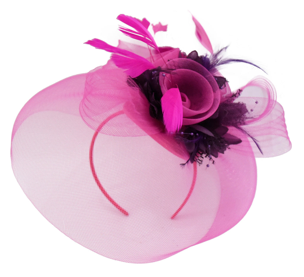 Caprilite Fuchsia Hot Pink and Dark Purple Fascinator Hat Veil Net Hair Clip Ascot Derby Races Wedding Headband Feather Flower