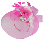 Caprilite Fuchsia Hot Pink and White Fascinator Hat Veil Net Hair Clip Ascot Derby Races Wedding Headband Feather Flower