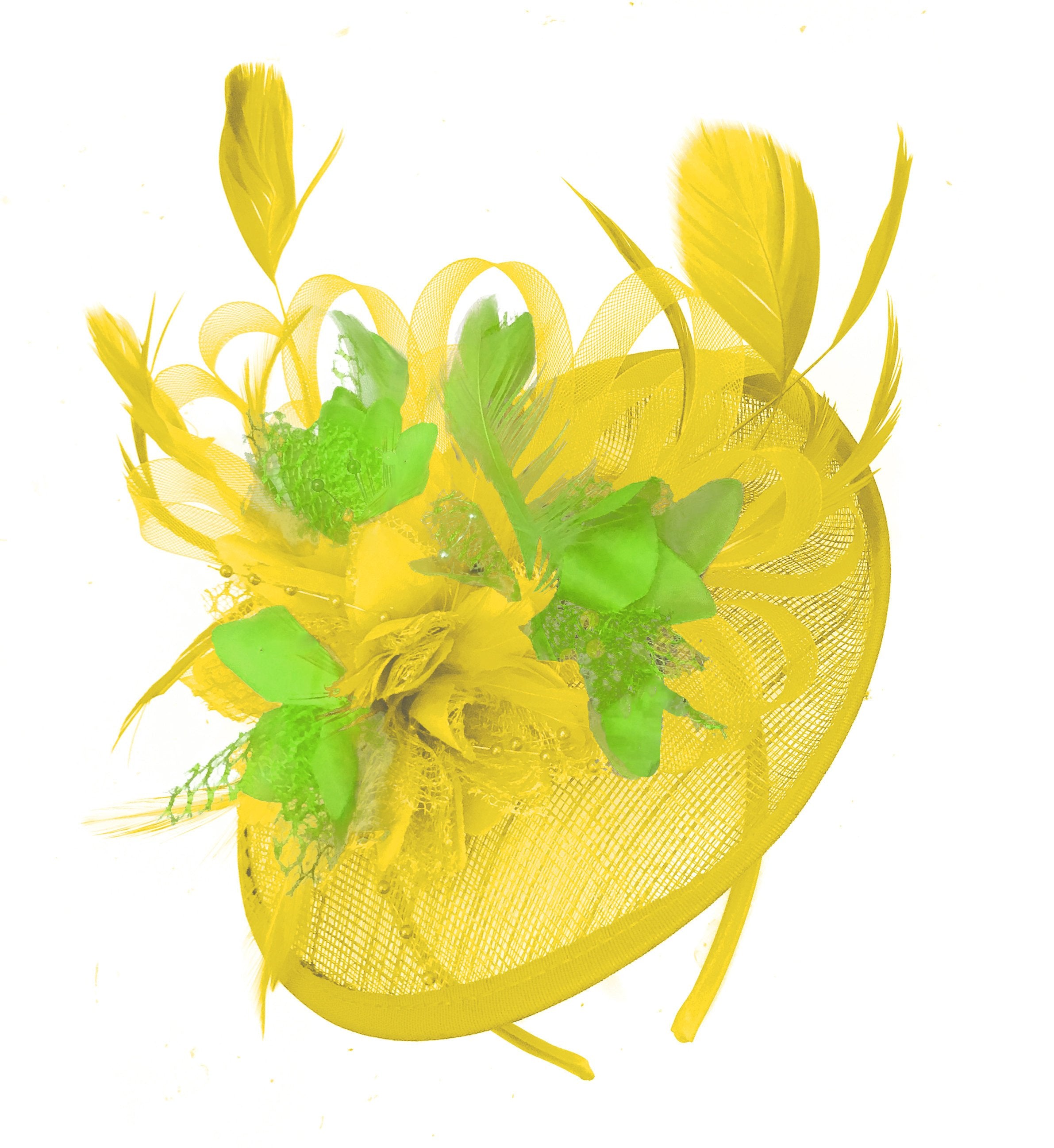 Caprilite Yellow and Lime Green Sinamay Disc Saucer Fascinator Hat for Women Weddings Headband