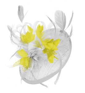 Caprilite White and Yellow Sinamay Disc Saucer Fascinator Hat for Women Weddings Headband