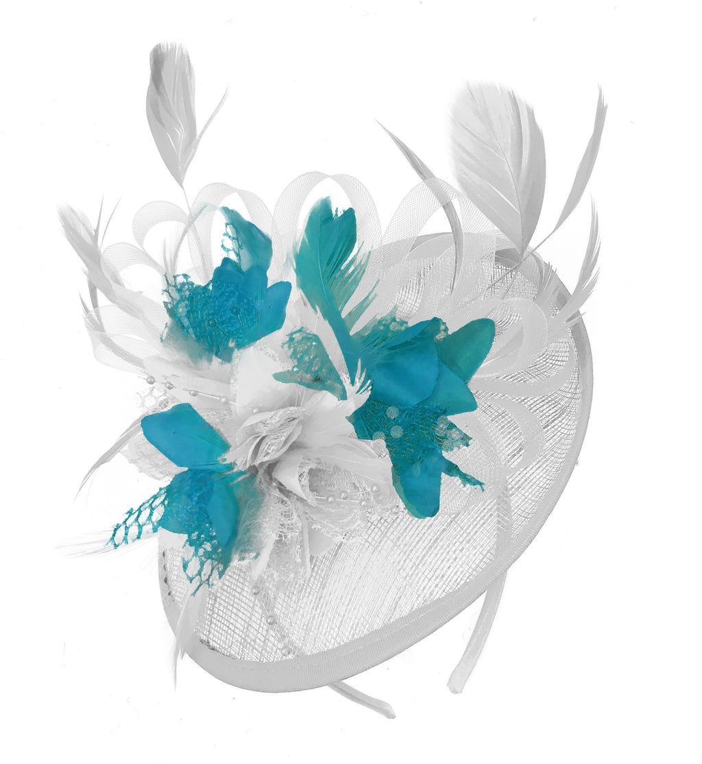 Caprilite White and Teal Sinamay Disc Saucer Fascinator Hat for Women Weddings Headband