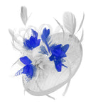 Caprilite White and Royal Blue Sinamay Disc Saucer Fascinator Hat for Women Weddings Headband