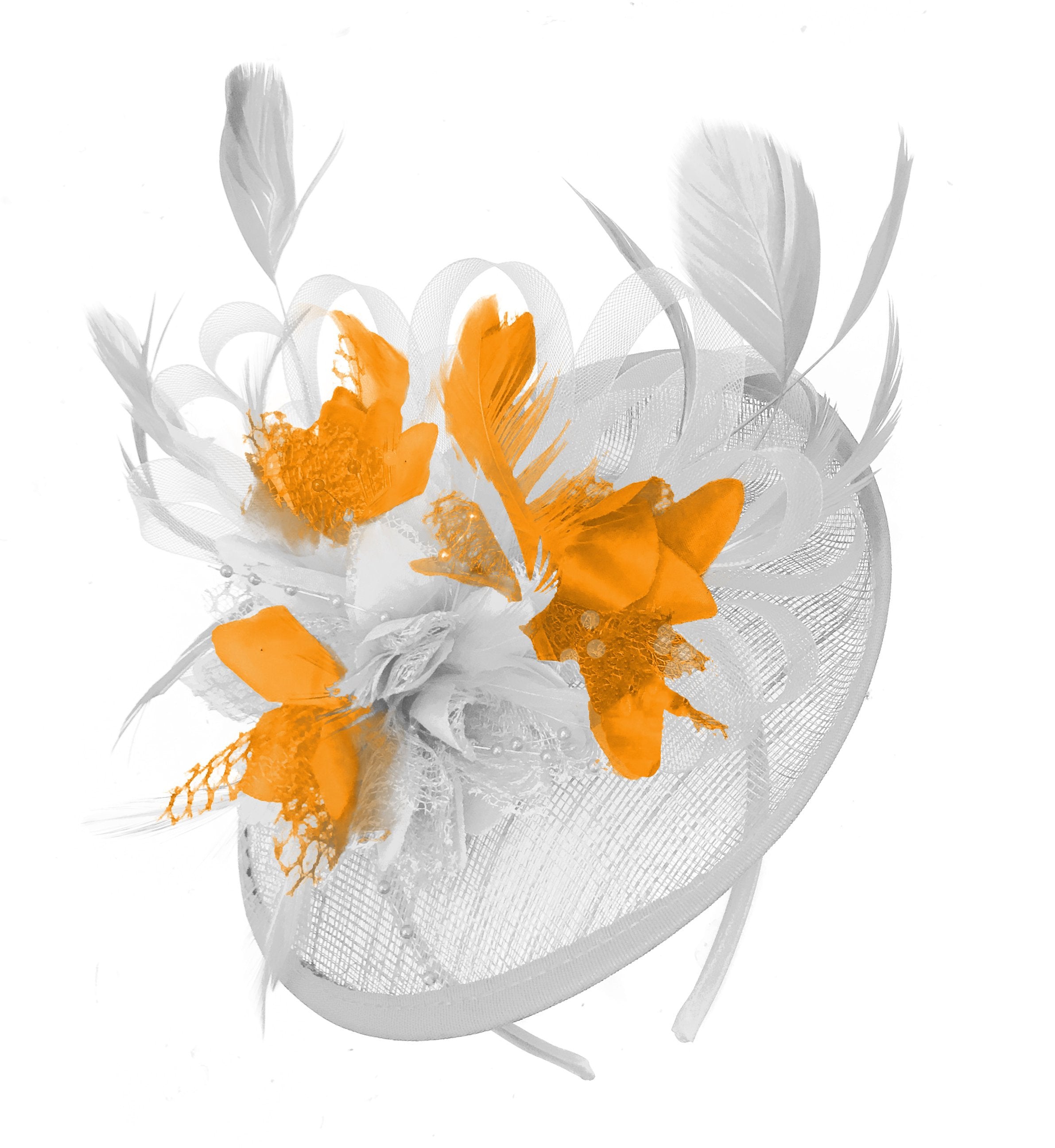 Caprilite White and Orange Sinamay Disc Saucer Fascinator Hat for Women Weddings Headband