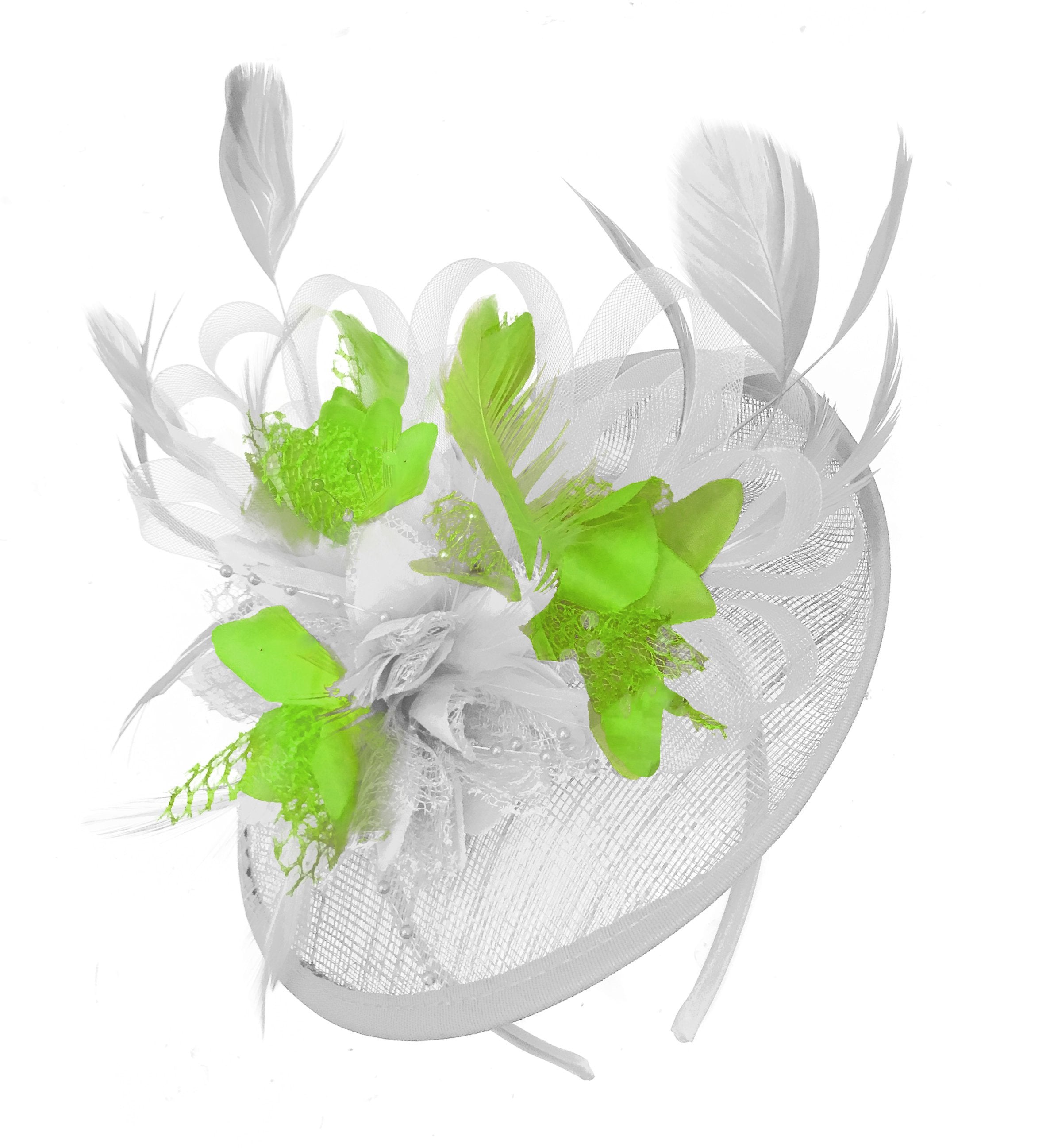 Caprilite White and Lime Sinamay Disc Saucer Fascinator Hat for Women Weddings Headband