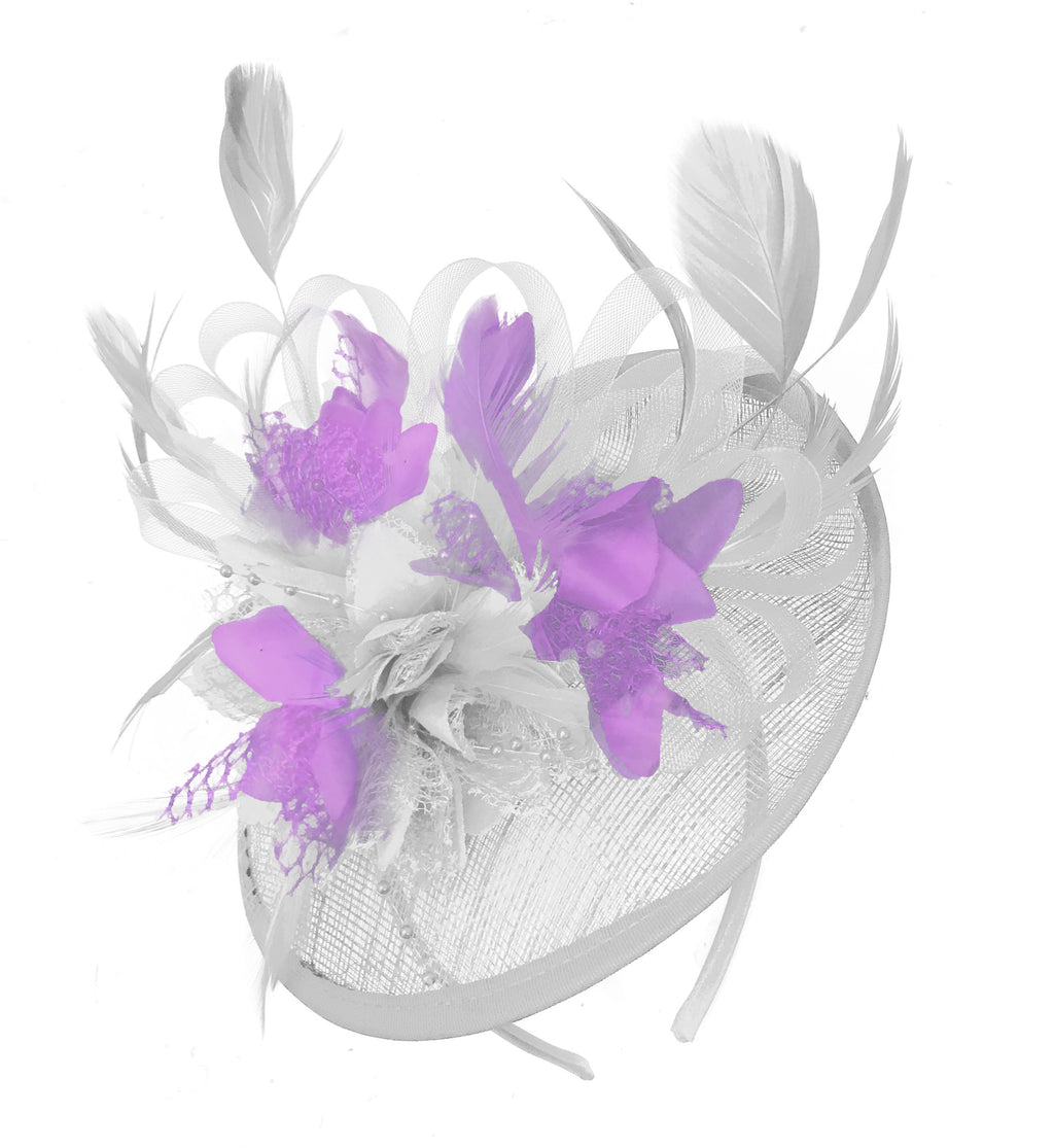 Caprilite White and Lilac Sinamay Disc Saucer Fascinator Hat for Women Weddings Headband