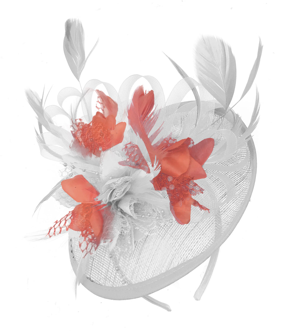 Caprilite White and Coral Sinamay Disc Saucer Fascinator Hat for Women Weddings Headband