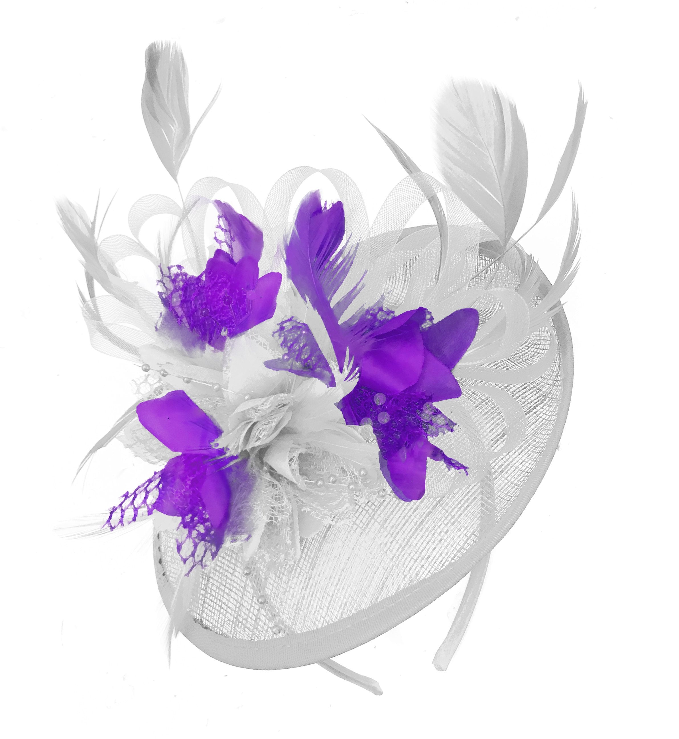 Caprilite White and Cadbury Purple Sinamay Disc Saucer Fascinator Hat for Women Weddings Headband
