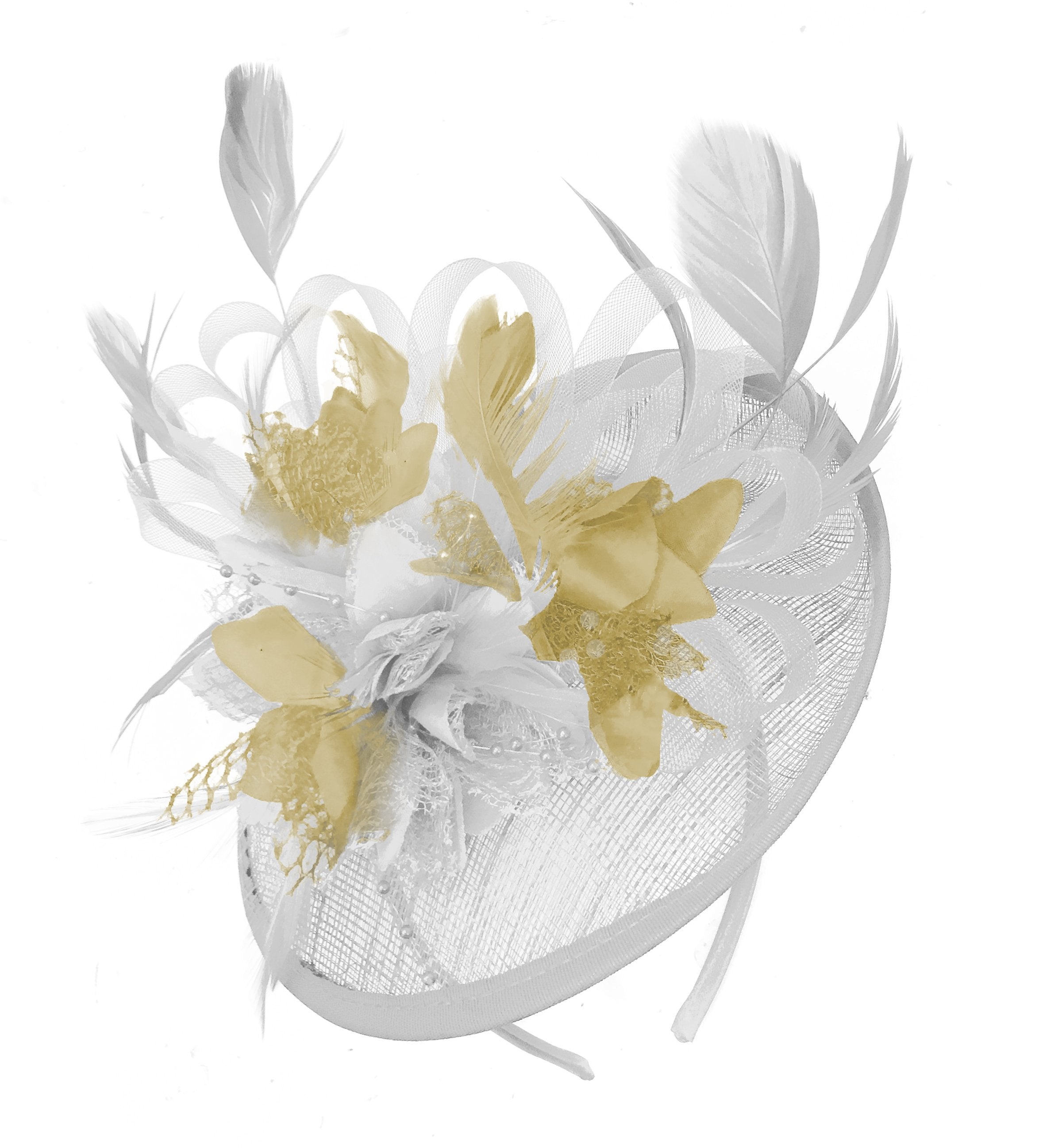 Caprilite White and Beige Sinamay Disc Saucer Fascinator Hat for Women Weddings Headband