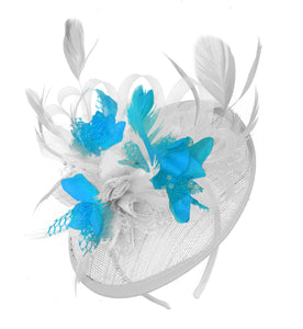 Caprilite White and Aqua Sinamay Disc Saucer Fascinator Hat for Women Weddings Headband