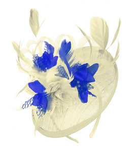 Caprilite Cream and Royal Blue Sinamay Disc Saucer Fascinator Hat for Women Weddings Headband