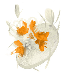 Caprilite Cream and Orange Sinamay Disc Saucer Fascinator Hat for Women Weddings Headband
