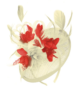 Caprilite Cream and Red Sinamay Disc Saucer Fascinator Hat for Women Weddings Headband
