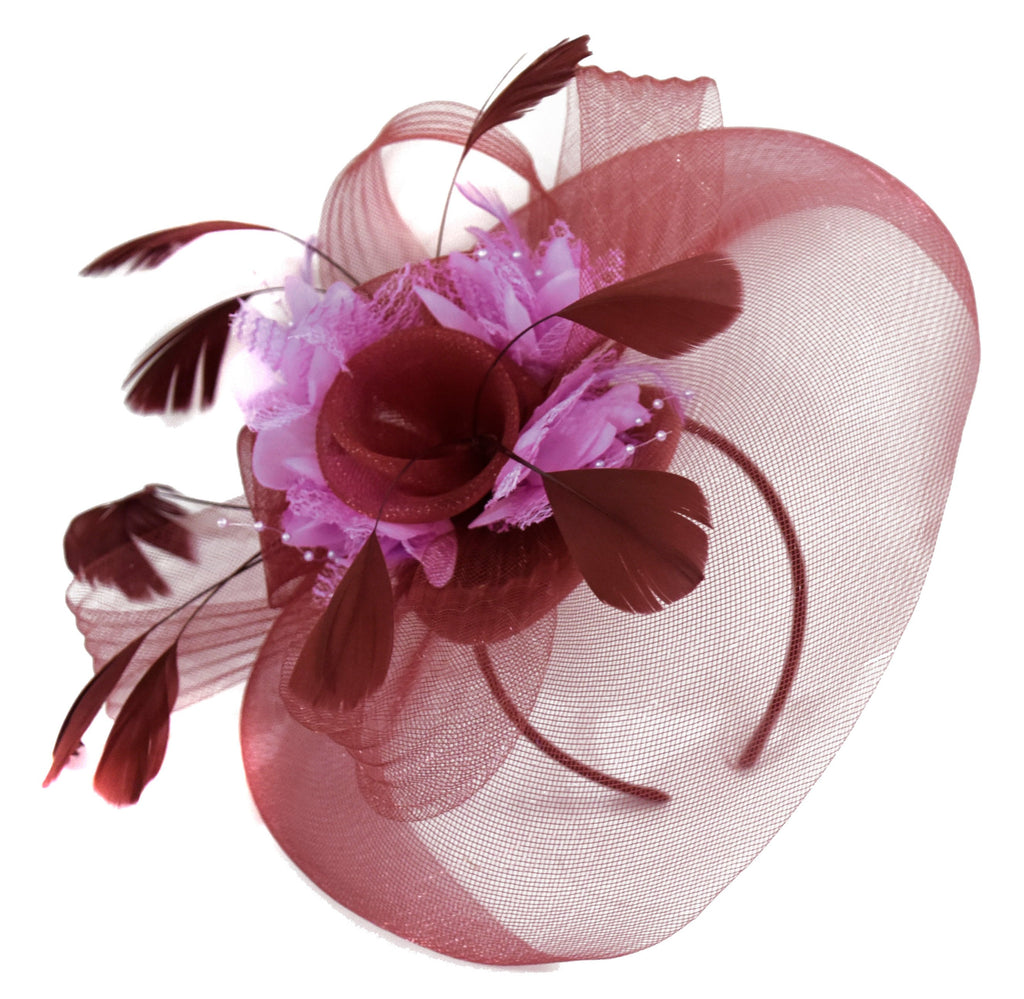 Caprilite Burgundy and Lilac Fascinator on Headband Veil UK Wedding Ascot Races Hatinator