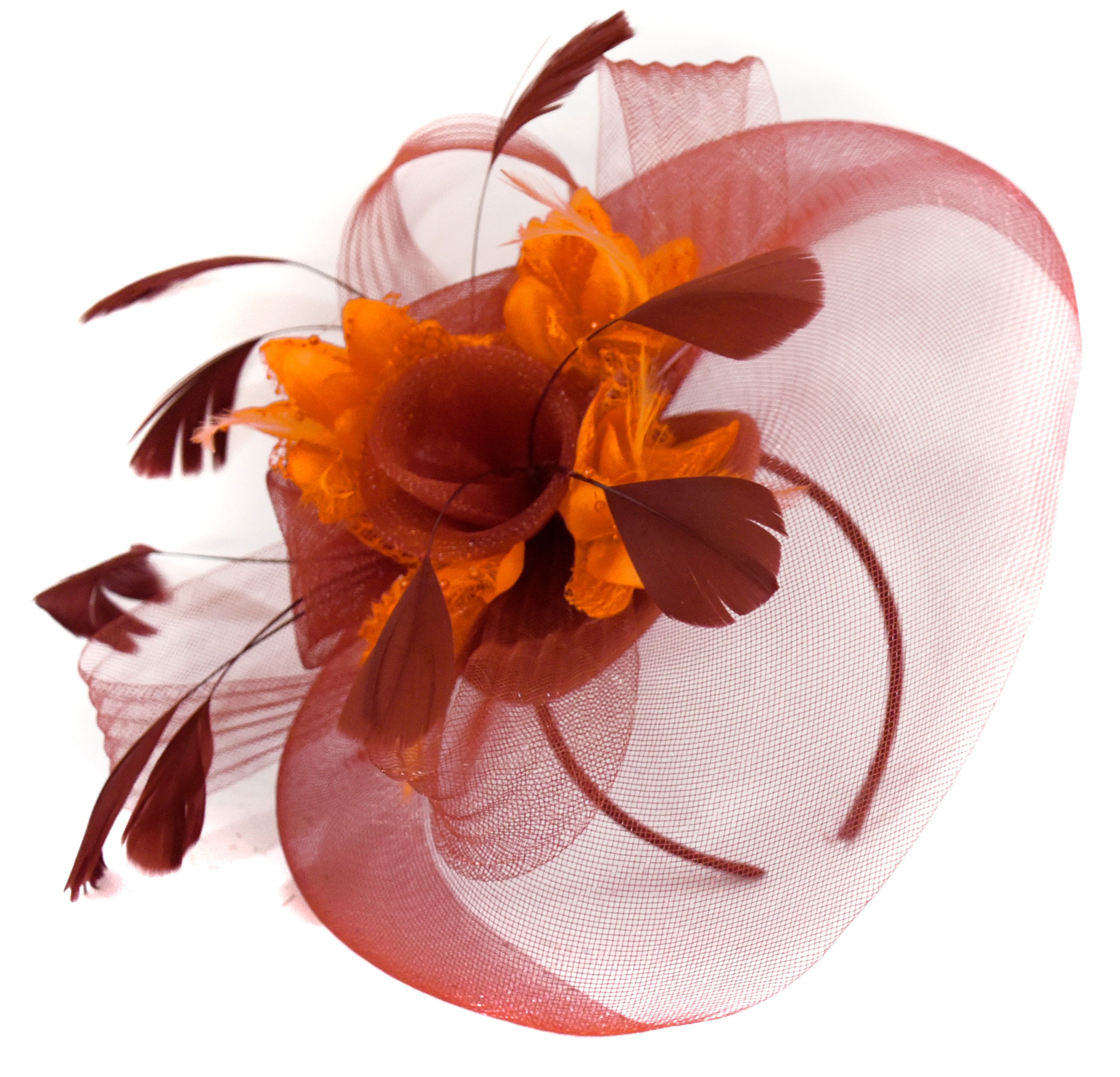 Caprilite Burgundy and Orange Fascinator on Headband Veil UK Wedding Ascot Races Hatinator