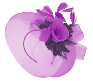 Caprilite Purple and Dark Purple Fascinator on Headband Veil UK Wedding Ascot Races Hatinator