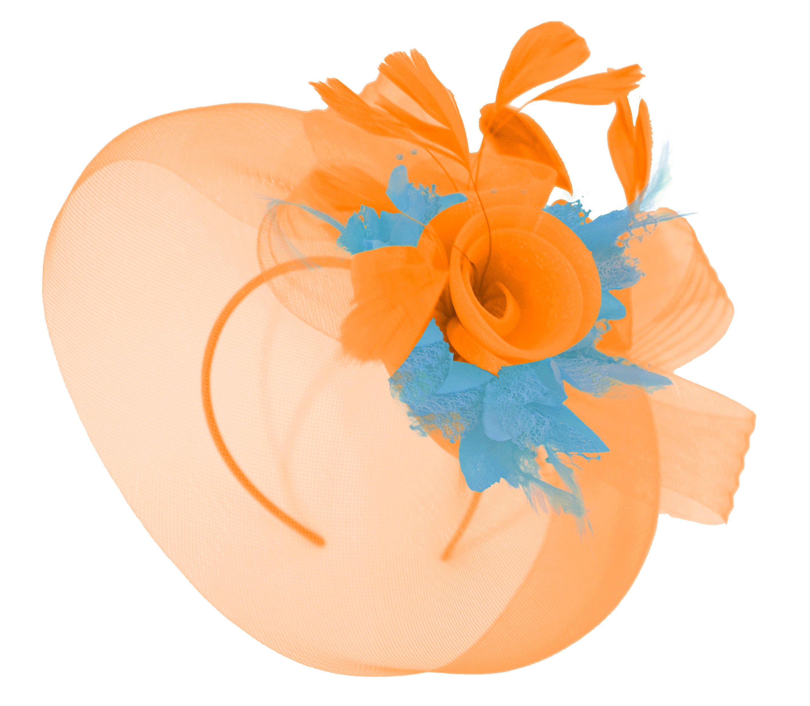 Caprilite Orange and Aqua Fascinator Hat Veil Net Hair Clip Ascot Derby Races Wedding Headband Feather Flower