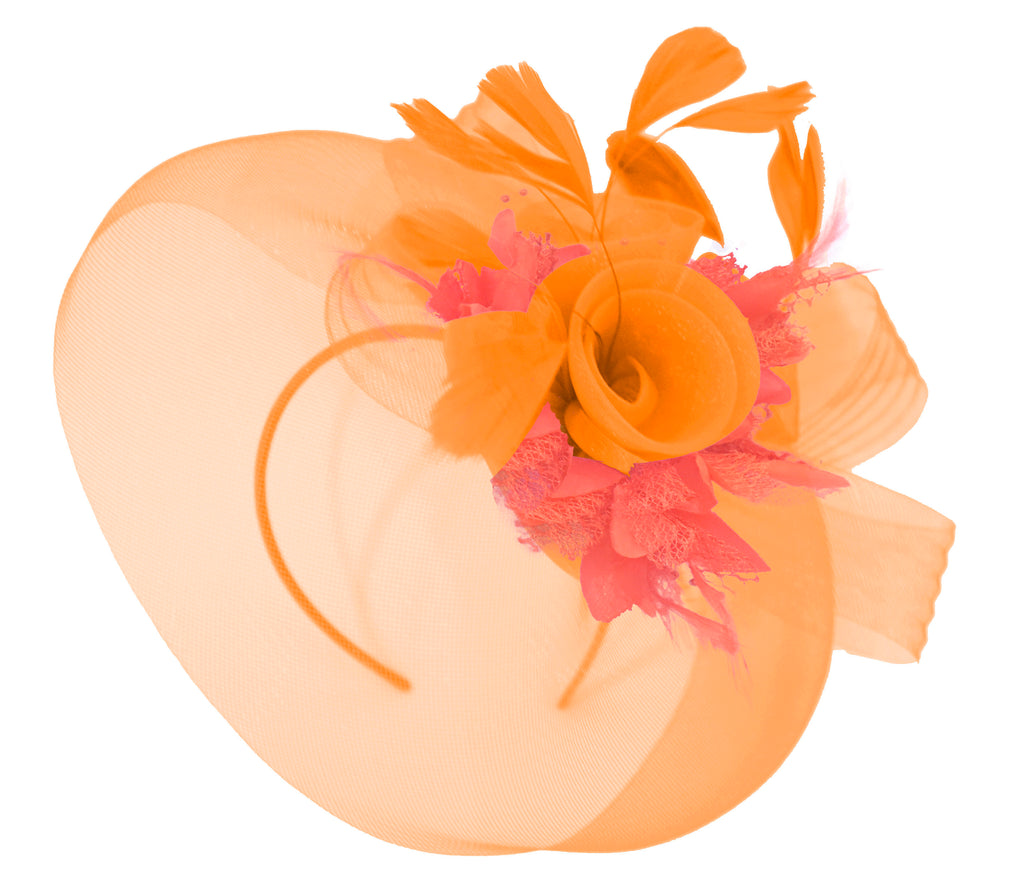 Caprilite Orange and Coral Fascinator Hat Veil Net Hair Clip Ascot Derby Races Wedding Headband Feather Flower