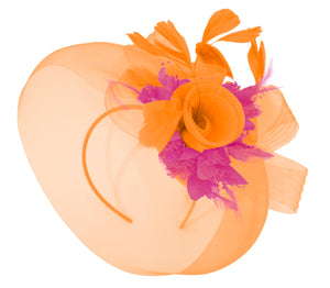 Caprilite Orange and Fuchsia Fascinator Hat Veil Net Hair Clip Ascot Derby Races Wedding Headband Feather Flower