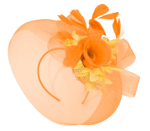 Caprilite Orange and Gold Fascinator Hat Veil Net Hair Clip Ascot Derby Races Wedding Headband Feather Flower