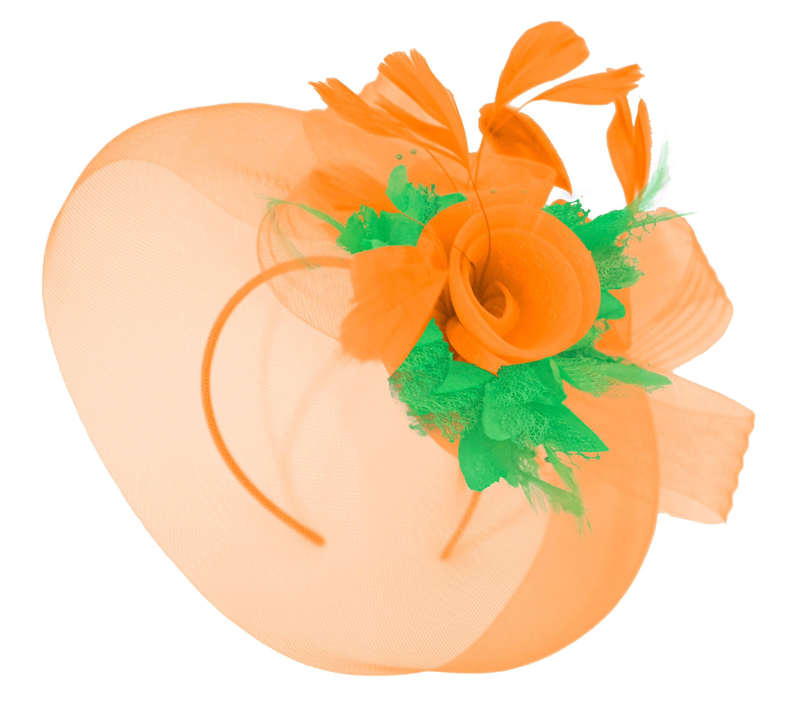 Caprilite Orange and Grass Green Fascinator Hat Veil Net Hair Clip Ascot Derby Races Wedding Headband Feather Flower