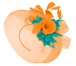 Caprilite Orange and Teal Fascinator Hat Veil Net Hair Clip Ascot Derby Races Wedding Headband Feather Flower
