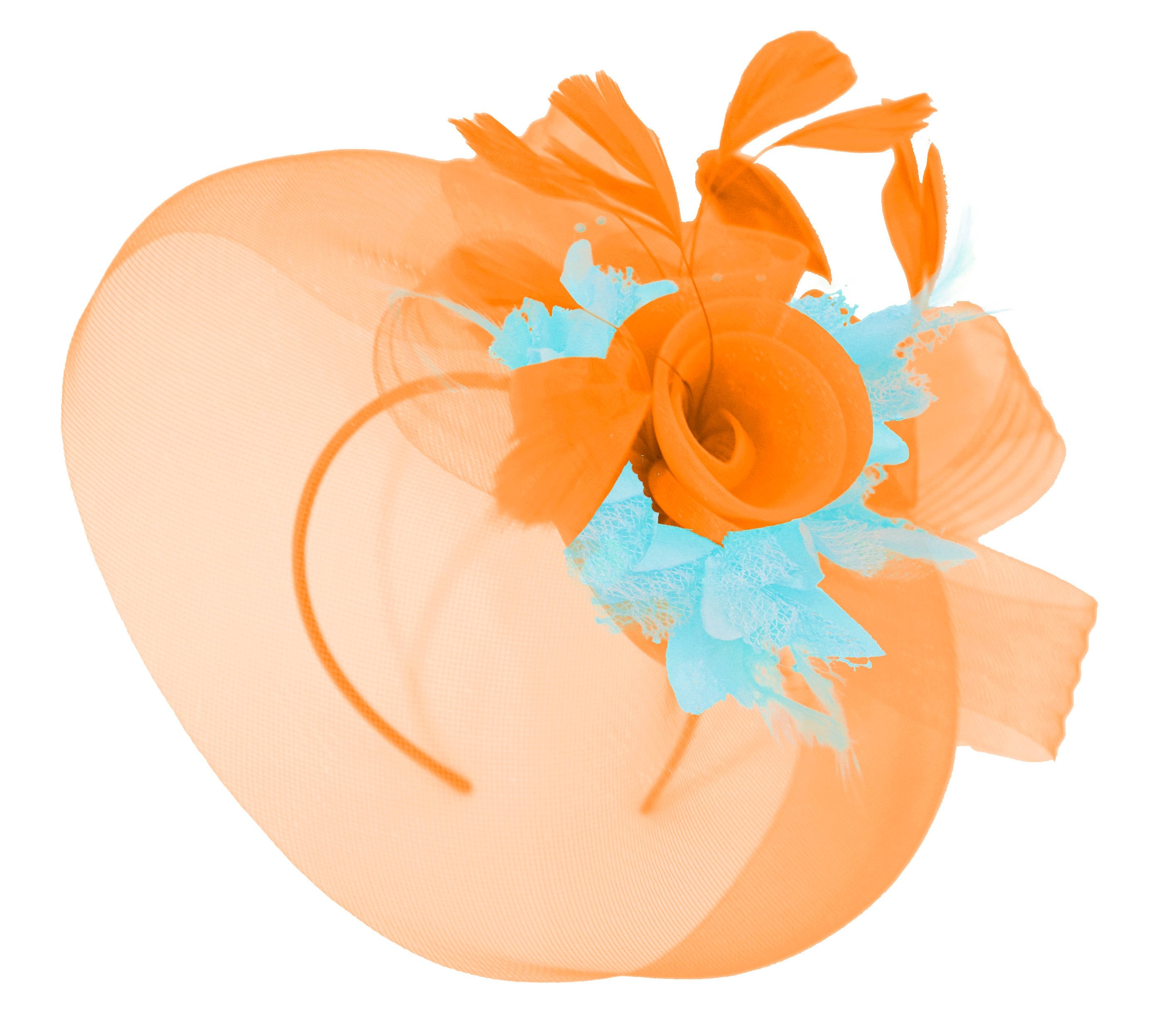 Caprilite Orange and Light Aqua Fascinator Hat Veil Net Hair Clip Ascot Derby Races Wedding Headband Feather Flower