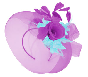 Caprilite Purple and Light Aqua Fascinator on Headband Veil UK Wedding Ascot Races Hatinator