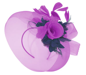 Caprilite Purple and Navy  Fascinator on Headband Veil UK Wedding Ascot Races Hatinator