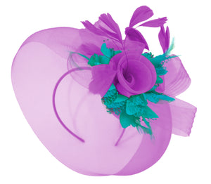 Caprilite Purple and Teal Fascinator on Headband Veil UK Wedding Ascot Races Hatinator