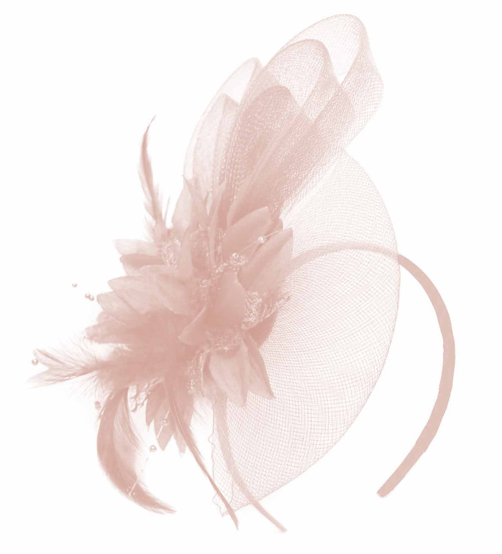 Caprilite Peach Nude Pink Flower Veil Feathers Fascinator On Headband Wedding