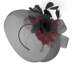 Caprilite Big Black and BurgundyFascinator Hat Veil Net Hair Clip Ascot Derby Races Wedding Headband Feather Flower