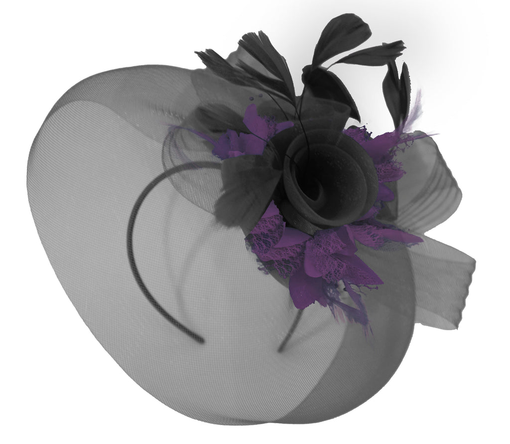Caprilite Big Black and Dark Purple Fascinator Hat Veil Net Hair Clip Ascot Derby Races Wedding Headband Feather Flower