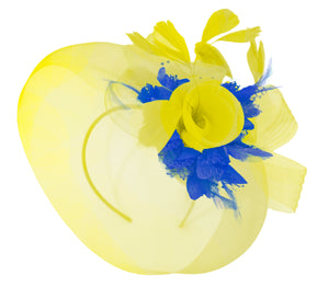 Caprilite Yellow and royal Blue Fascinator on Headband Veil UK Wedding Ascot Races Hatinator