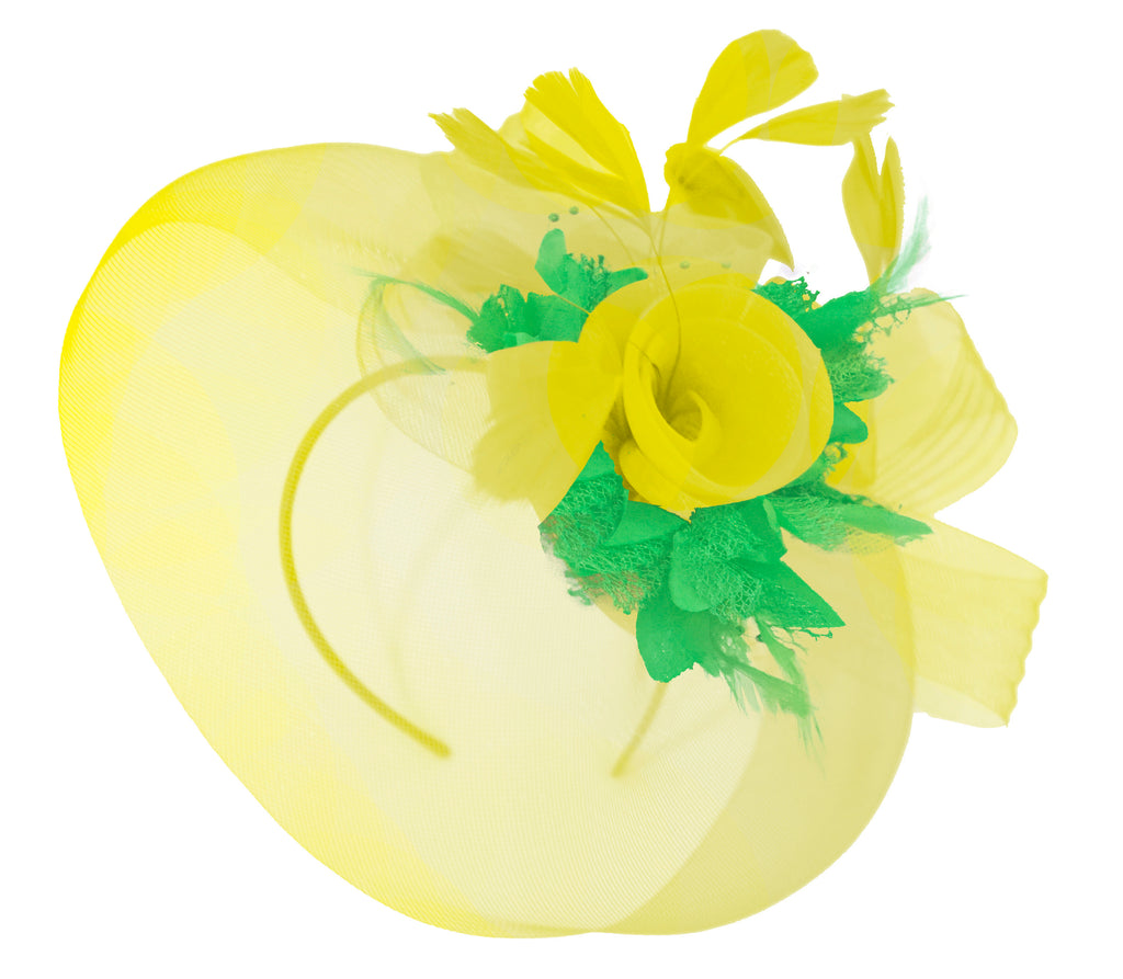 Caprilite Yellow and grass Green Fascinator on Headband Veil UK Wedding Ascot Races Hatinator