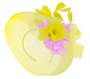 Caprilite Yellow and Lilac Fascinator on Headband Veil UK Wedding Ascot Races Hatinator