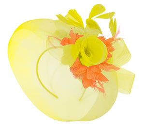 Caprilite Yellow and Orange on Headband Veil UK Wedding Ascot Races Hatinator