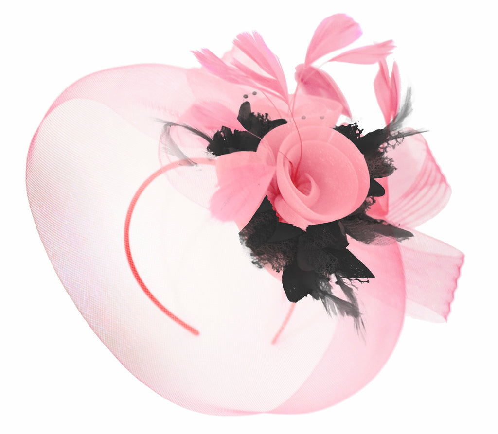 Caprilite Baby Pink and Black on Headband Veil UK Wedding Ascot Races Hatinator