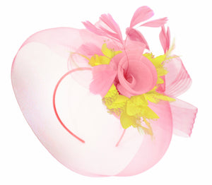 Caprilite Baby Pink and Yellow on Headband Veil UK Wedding Ascot Races Hatinator