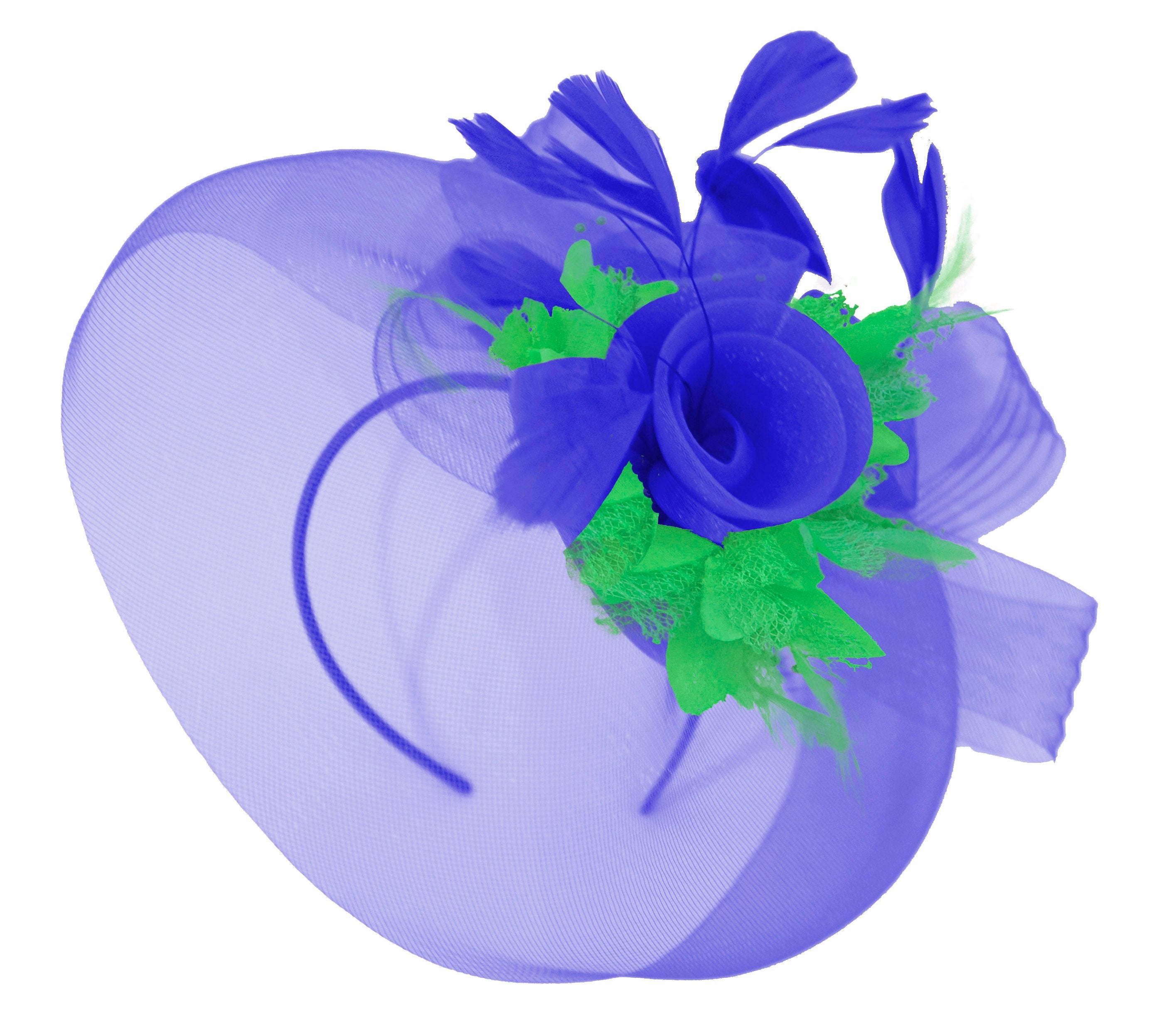 Caprilite Big Royal Blue and Grass Green Fascinator Hat Veil Net Hair Clip Ascot Derby Races Wedding Headband Feather Flower