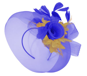 Caprilite Big Royal Blue and Mustard Fascinator Hat Veil Net Hair Clip Ascot Derby Races Wedding Headband Feather Flower