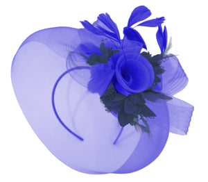 Caprilite Big Royal Blue and Navy Fascinator Hat Veil Net Hair Clip Ascot Derby Races Wedding Headband Feather Flower