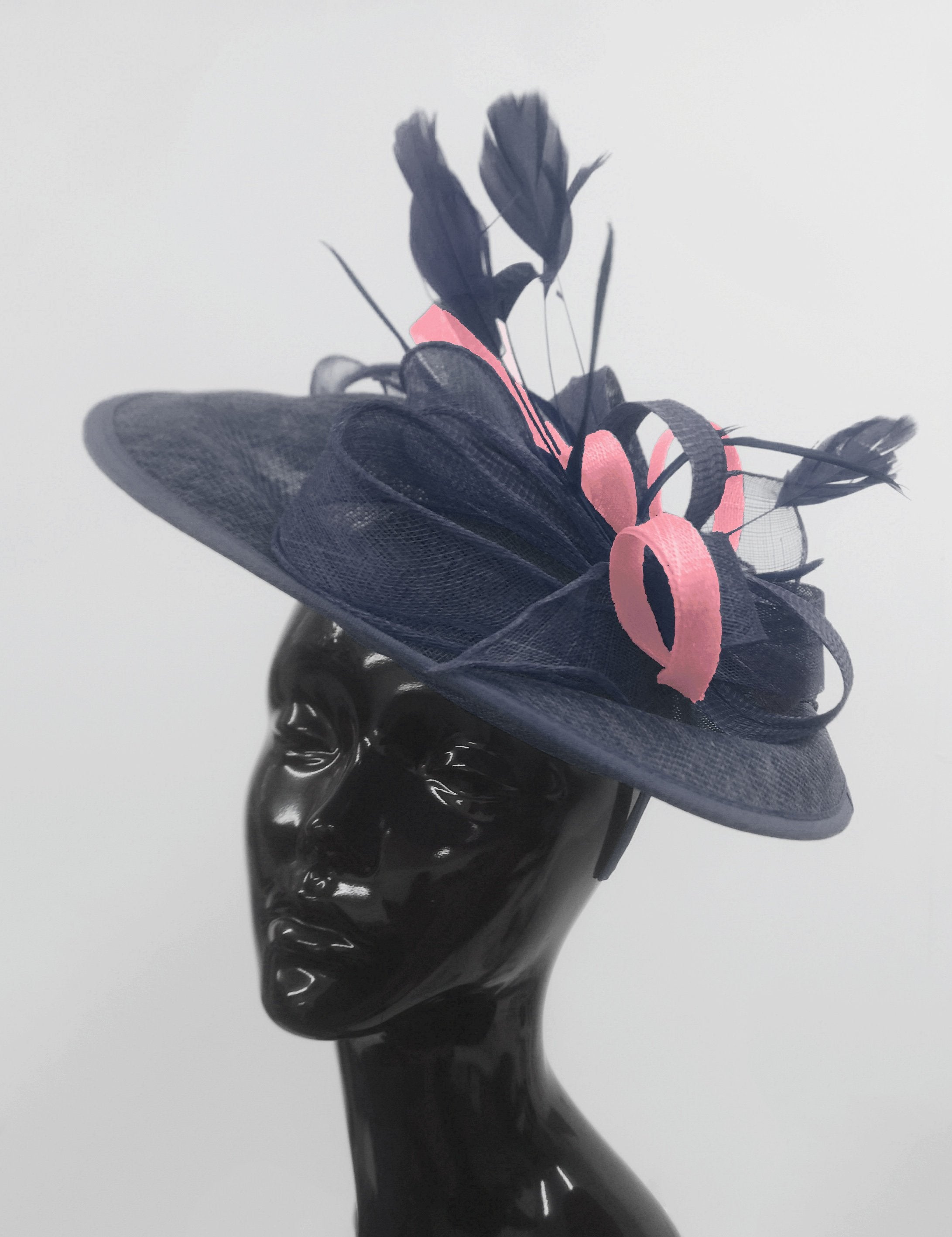 Caprilite Big Saucer Sinamay Navy Blue & Baby Pink Mixed Colour Fascinator On Headband