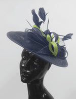 Caprilite Big Saucer Sinamay Navy Blue & Lime Green Mixed Colour Fascinator On Headband