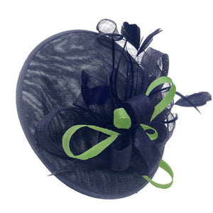 Caprilite Big Saucer Sinamay Navy Blue & Lime Green Mixed Colour Fascinator On Headband