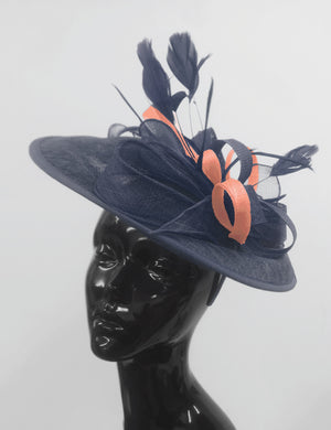 Caprilite Big Saucer Sinamay Navy Blue & Peach Mixed Colour Fascinator On Headband