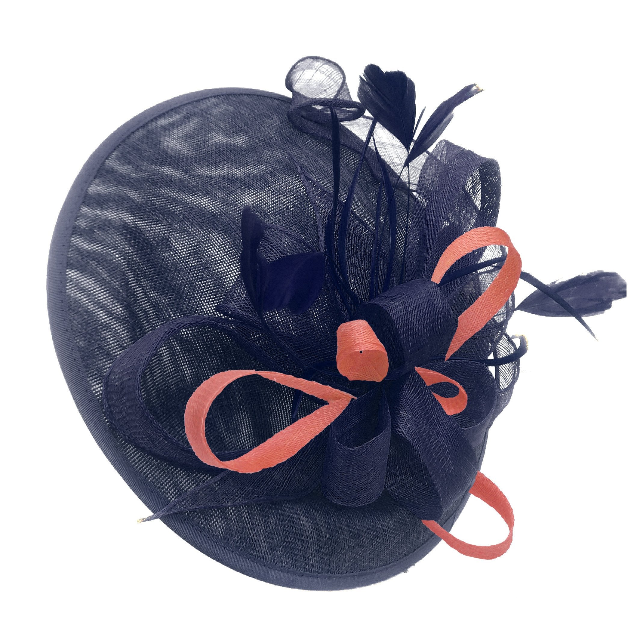 Caprilite Big Saucer Sinamay Navy Blue & Peach Mixed Colour Fascinator On Headband